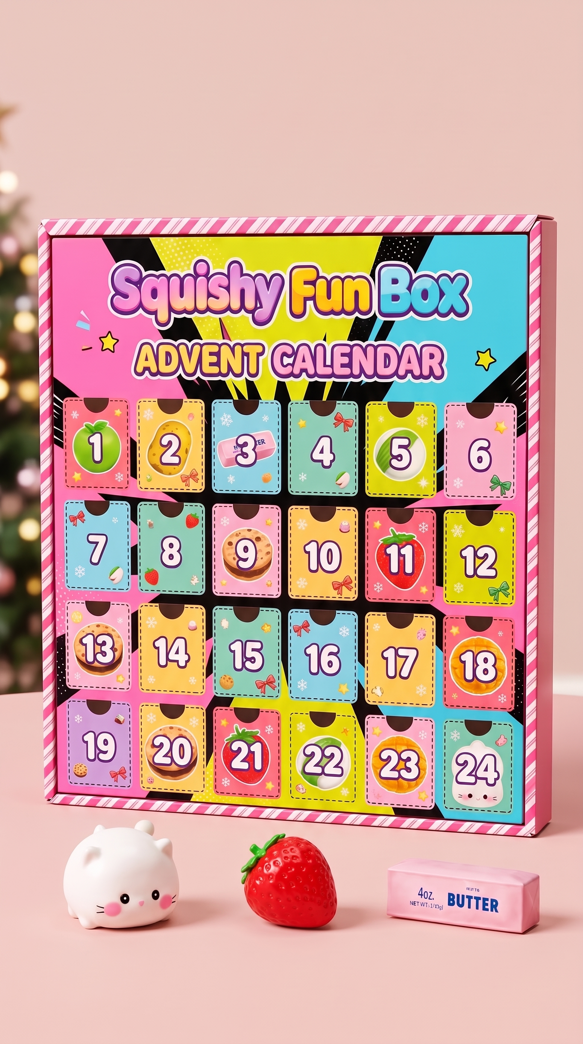 Squishy Fun Box advent calendar with 24 numbered doors, white cat, strawberry, and pink butter squishy toys