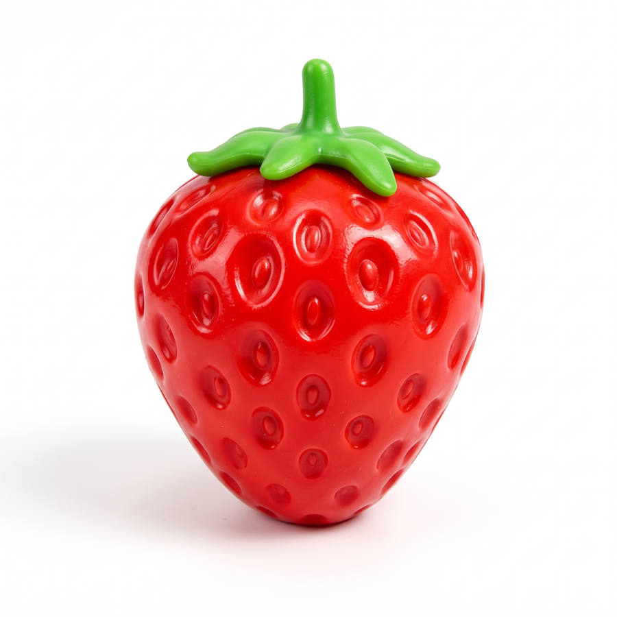 Red strawberry squishy design with green leaves